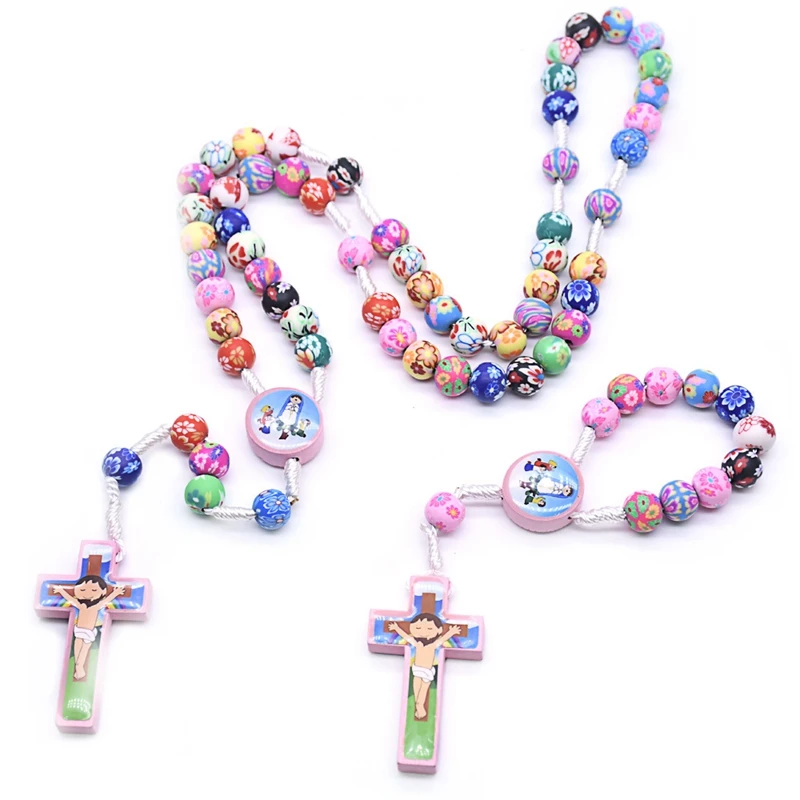 QIGO Colorful Polymer Clay Rosary Necklace Handmade Children Catholic Cross Prayer Beads