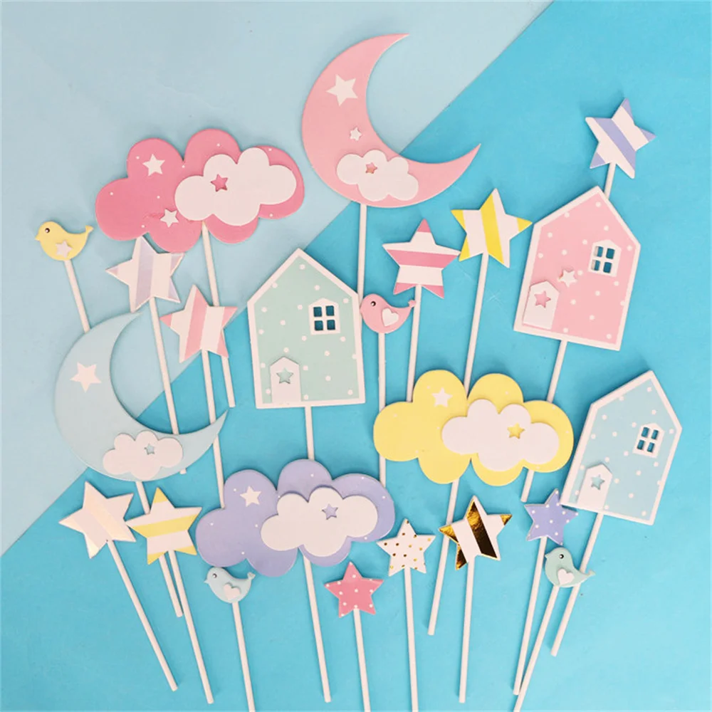 

Pink Yellow Moon Cake Topper Clouds House Star Bird Baking Supplies Boy Girl Birthday Cupcake Dessert Wedding Party Decorations