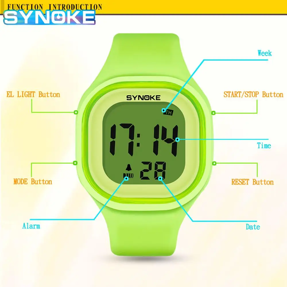 SYNOKE-Montre numérique LED colorée en silicone pour enfants, montres-bracelets de sport, horloge pour étudiants, filles et garçons