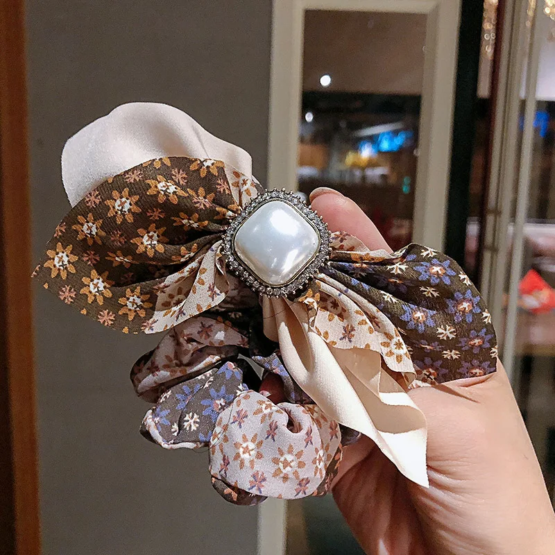 Diamond-Studded Pearl Floral Bow Bow Large Intestine Hair Ring 2021 Super Fairy Headdress Girl Sweet Heart Hair Accessories