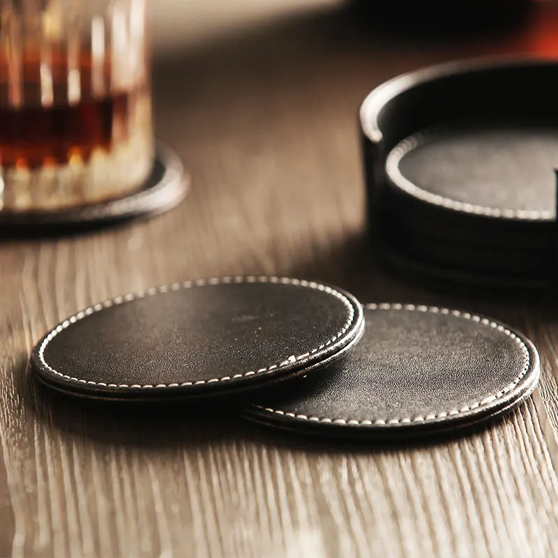 Aixiangru Leather Coasters Sets Coaster Holder & 6Pcs Cup Coaster Coasters For Glasses Kitchen Accessories Black Drink Coaster