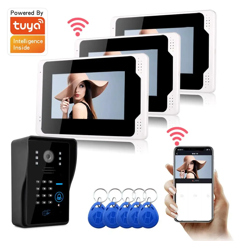 

7 inch 3/2/1 Monitors Wired / Wireless Wifi RFID Password Video Door Phone Doorbell Intercom System Tuya Smart App Remote Unlock