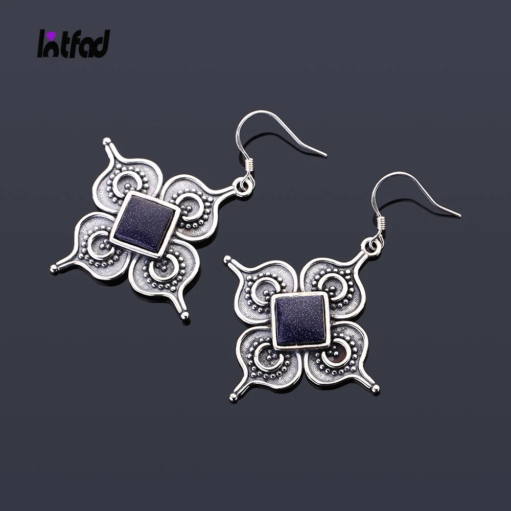 

925 Sterling Silver Earrings Flower Shaped Square 8*8MM Natural Blue Sandstone Drop Earrings for Women Moonstone Jewelry Gift