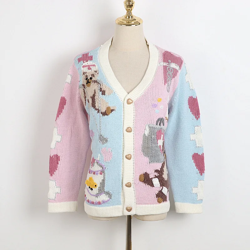 2020 Winter Sweater Long Sleeve Pink V Neck Cardigan Womens Sweater