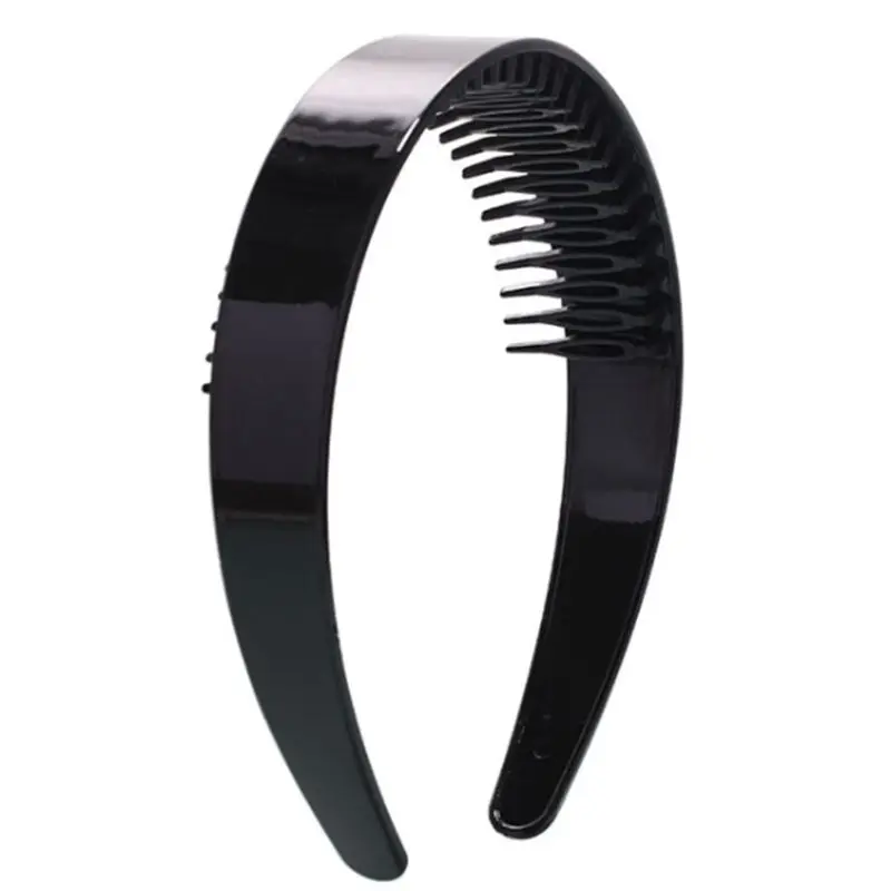 Women Girls 2.5cm Wide Plain Headband with Non-Slip Teeth Comb Shiny Black Plastic Hair Hoop DIY Styling Makeup Headwear