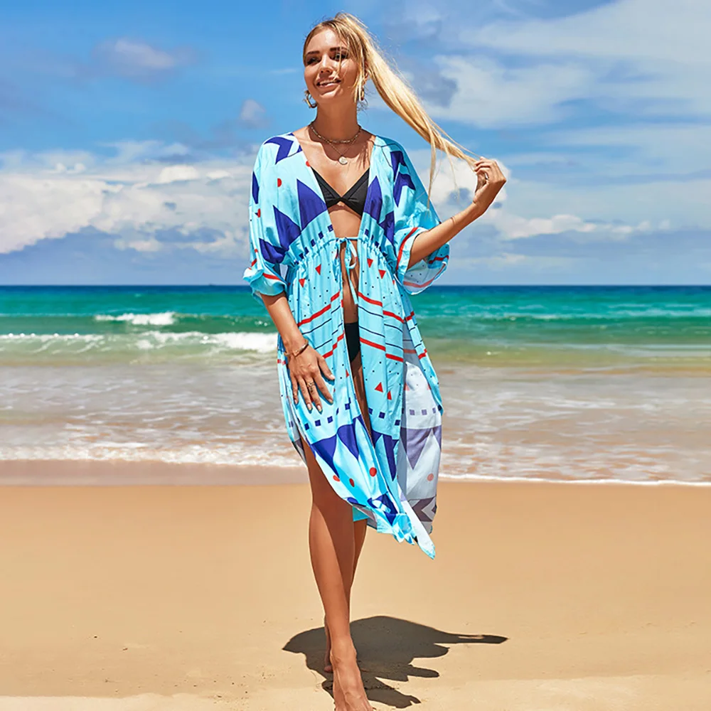 2023 New Women Beach Cover Up Pareo Swimsuit Cover-ups Boho Beachwear  Bathing Suit Tunic Saida De Praia Cardigan Dress