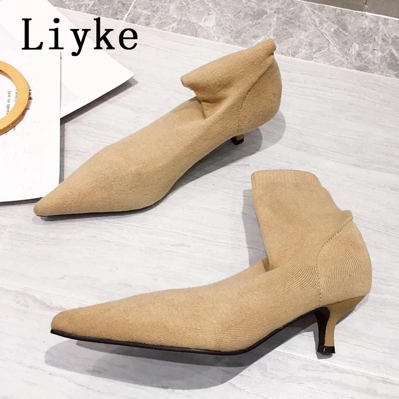 Liyke Spring Autumn Casual Cozy Black Stretch Fabric Ankle Sock Boots Women Pointed Toe Low Thin Heels Slip On Shoes