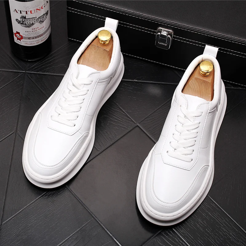 British style men\'s luxury fashion genuine leather shoes lace-up flats shoe platform white sneakers zapatos de hombre chaussure