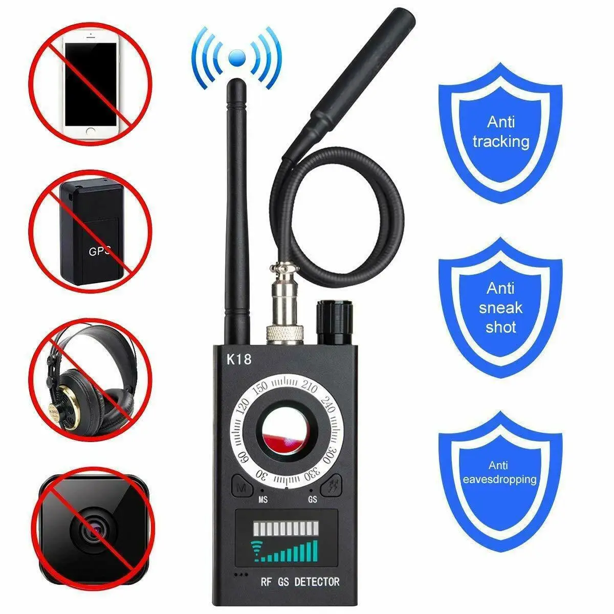 

1MHZ-6.5GHZ K18 Wireless RF Signal Detector Anti-spy Camera Detects GSM Audio GPS Anti-sneak Shot Monitoring Positioning Scanner