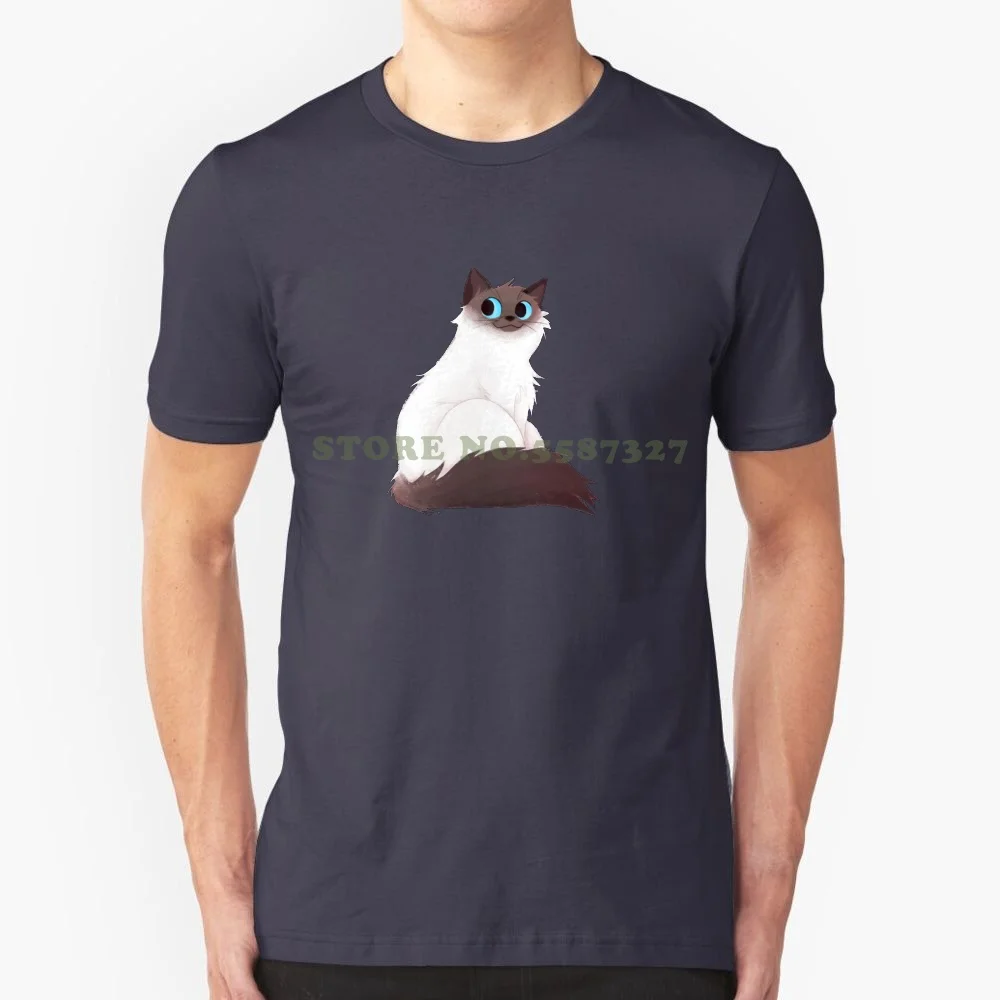 T-shirt de algodão puro para gatos, Gato Sagrado da Birmânia, Gatos Animais Bonitos, Olho Siamês Azul, 100% puro