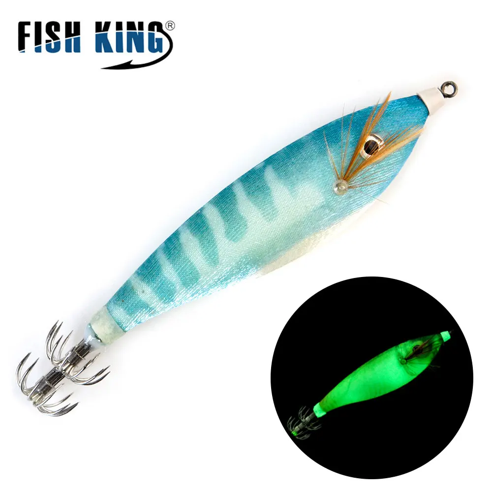 FISH KING 16g Luminous Squid Jigs Sea Fishing Lure Octopus 11cm 3D Eyes Artificial Hard Bait Fishing Saltwater Squid Hook