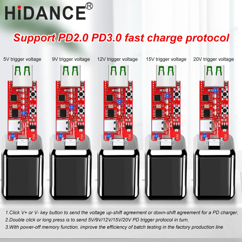 HiDANCE PD Charger Protocol Type-c  PD2.0 PD3.0 automatic voltage detector 5V9V12V15V20V for PD charger trigger Fixed voltage