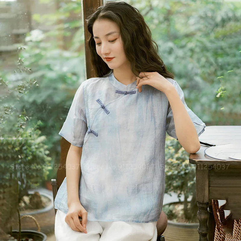 

Women Elegant Retro Print Qipao Tops Chinese Style Vintage Outfits Blue Cheongsam Shirts Casual Loose Blouse Oriental Clothing