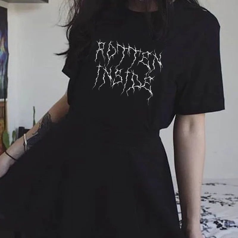 Women Rotten Inside Gothic T Shirt Egirl Edgy Fashion Grunge Style Graphic Tee Female Cotton Short Sleeve Tshirt Tumblr Goth Top