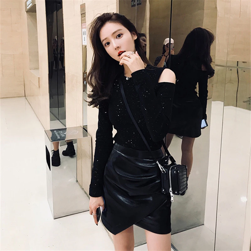 

Korean Fashion Long Sleeve Women T Shirt Slim Fit Cold Shoulder Sweet Tunics Office Casual Elastic Kawaii Clothes Harajuku Black