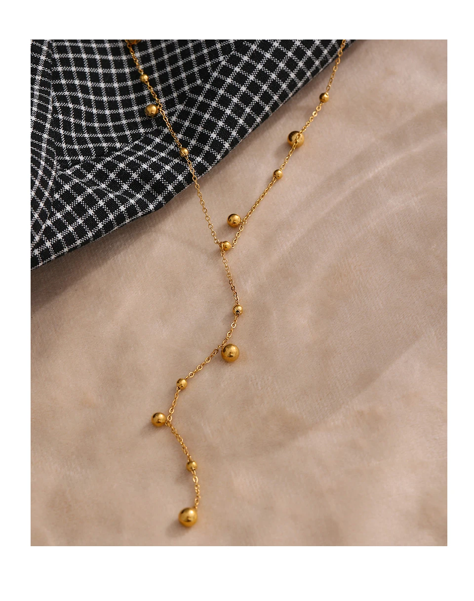 Yhpup Halskette mit langem Anhänger aus Edelstahlperlen, minimalistisch, 18K PVD-beschichtet, Metallkragen, Modeschmuck, Bangkok Parti-Geschenk – Detail 5