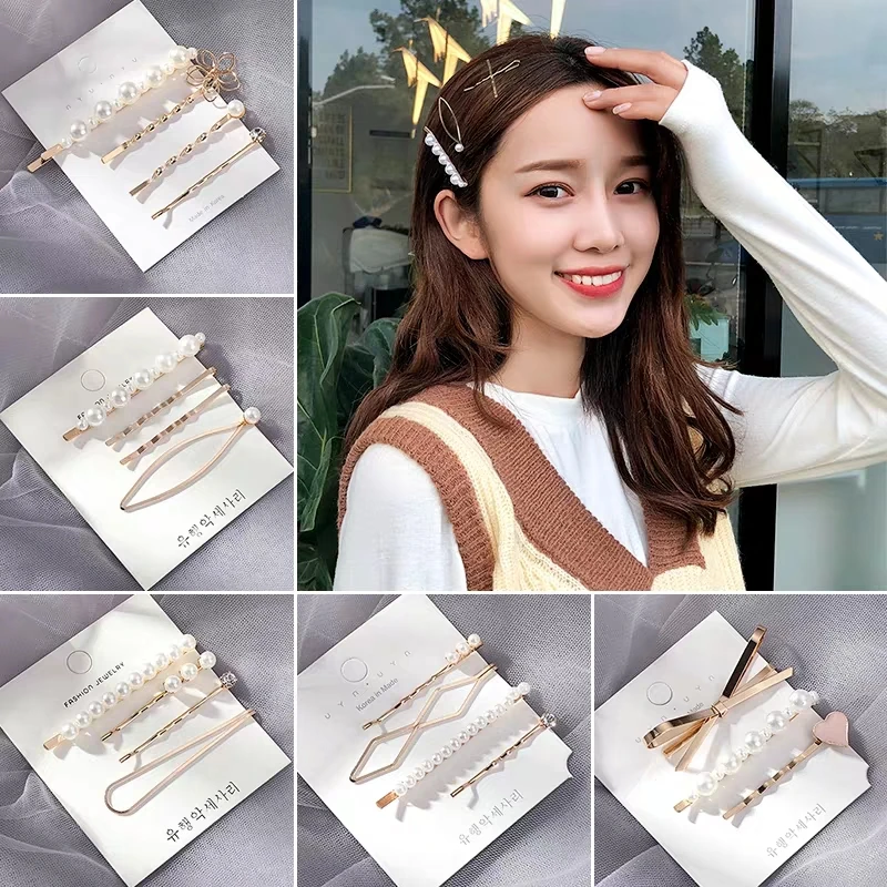 

4Pcs/ Set Korea Fashion Metal Hairpins Imitiation Pearl Colorful Beads Hair Clips Hairstyle Design Accessories Hair Styling Tool