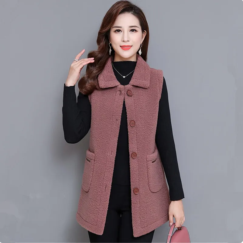 UHYTGF Middle-Aged Mom Spring Autumn Vests For Women Quality Lambswool Casual Warm Fur Waistcoat Jacket 5XL Big Size Coat 1341