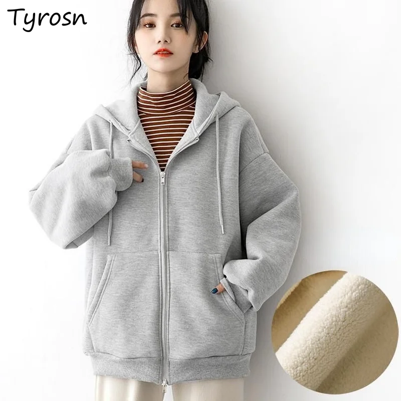 

Solid Color Hooded Jackets Women S-5XL Simple Thickening Casual Ulzzang Daily Preppy Zip-up All-match Loose Autumn Coats Mujer