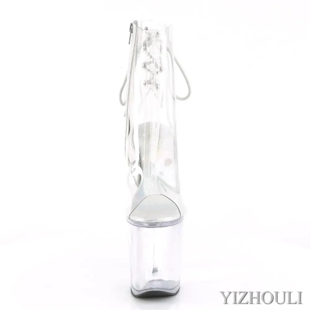 Fully transparent 20 cm bridal shoes, 8 inch model stiletto boots, fish mouth zipper, night club ankle boots