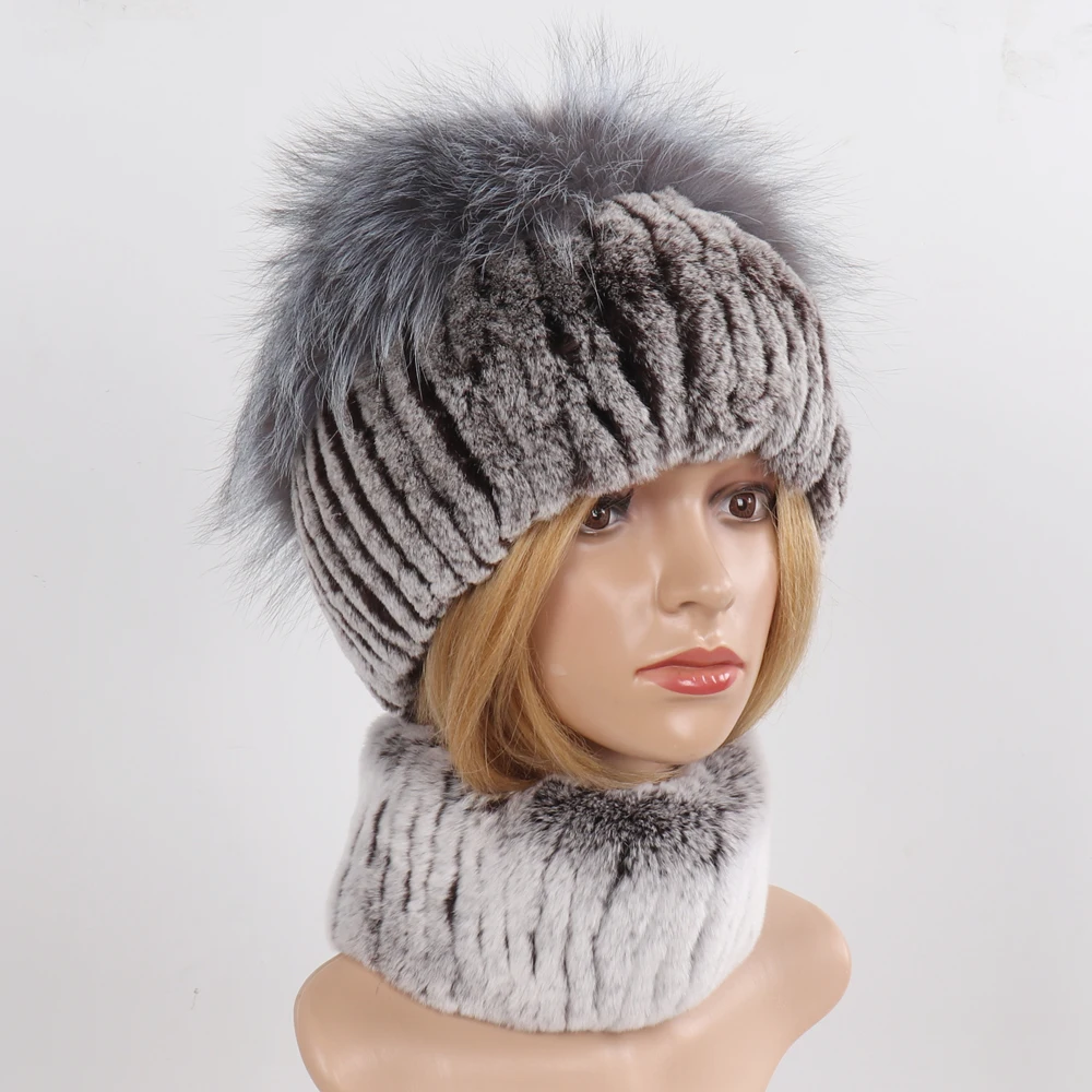 Women's Winter Warm Genuine Fur Hat Scarf Set Real Rex Rabbit Fur Cap with Silver Fox Scarves 2-Piece Natural Fashion Accessory