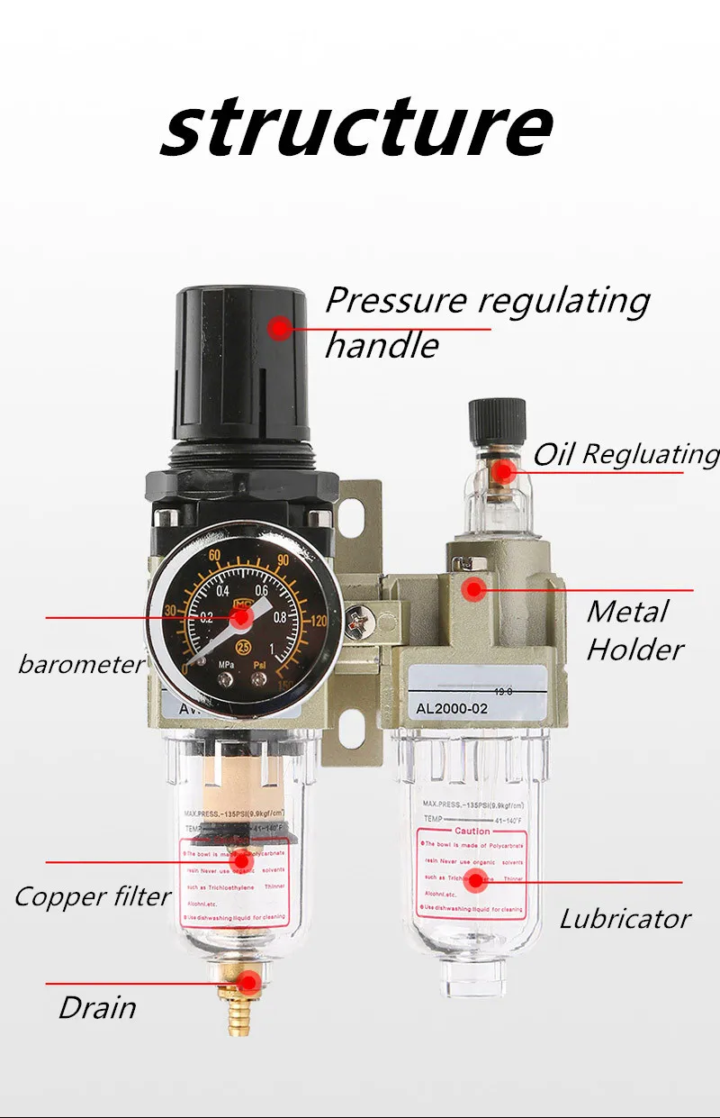 150Psi Manual Drainage Supply Air Pump Air Compressor Oil Filter Regulator Pneumatic Water Separator Two-piece AC2010-02