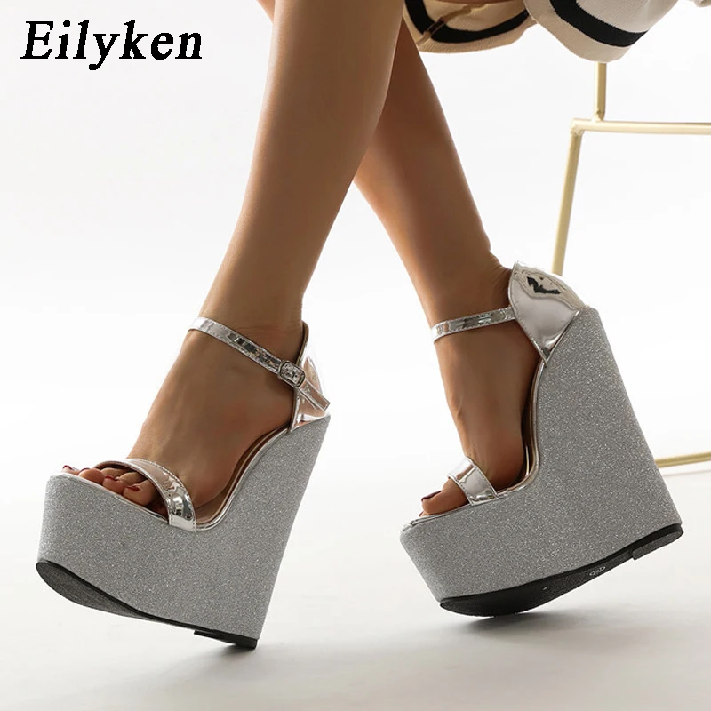 Eilyken 2024 New Summer Silver Women\'s High Heels Wedges Sandals Platform Buckle Open Toe Ladies Shoes Size 35-42