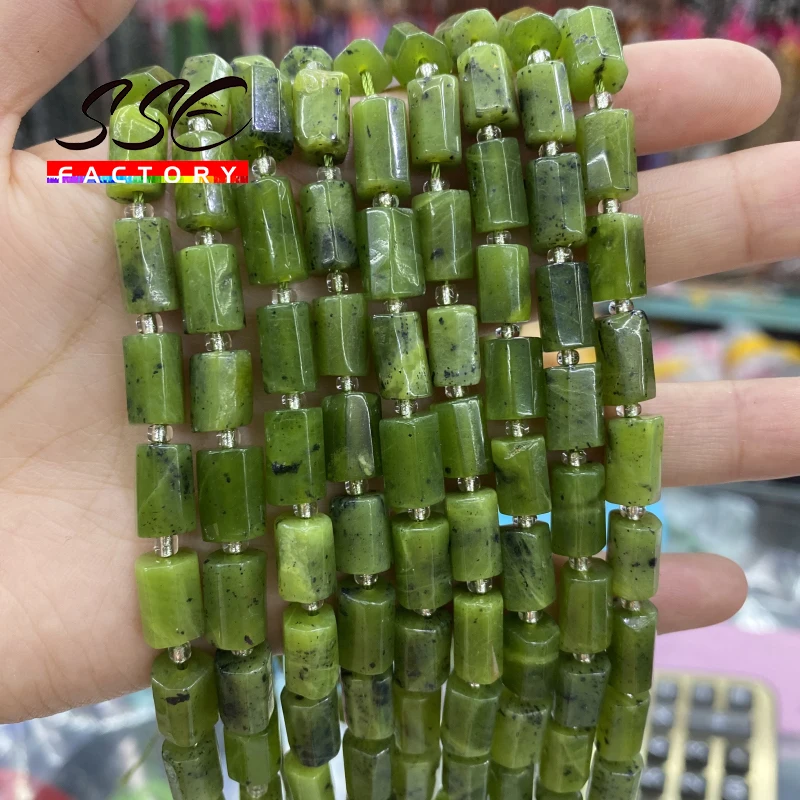 15'' Natural Faceted Green Canadian Jades Stone Beads Cylinder Spacer Beads DIY Bracelet For Jewelry Making Charms Accessories