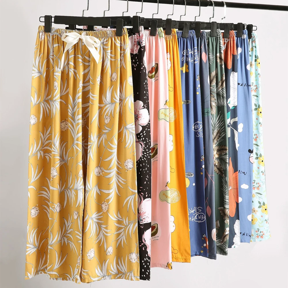 Sleep Wear Women Pajama Printed Loose Sleeping Bottoms Spring Summer Viscose Pants Female Calf-Length Pants Lounge Home Wear
