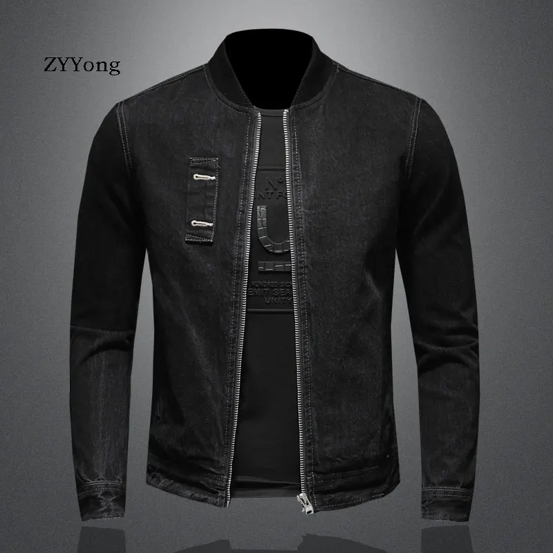 Retro European Style Stand Collar Bomber Pilot Black Denim Jacket Men Jeans Coats Motorcycle Casual Outwear Clothing Overcoat