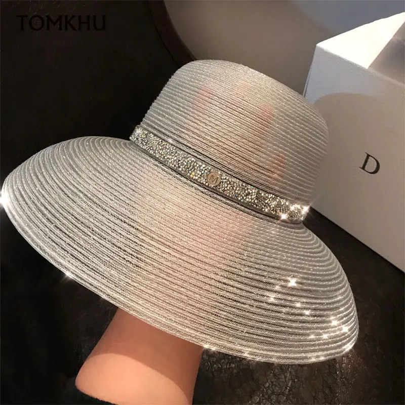 

Summer Fashion Transparent Silk Elegant Wide Brim Beach Hat Hepburn Style Rhinestone Belt Sun Hats Female Foldable Anti-UV Sun