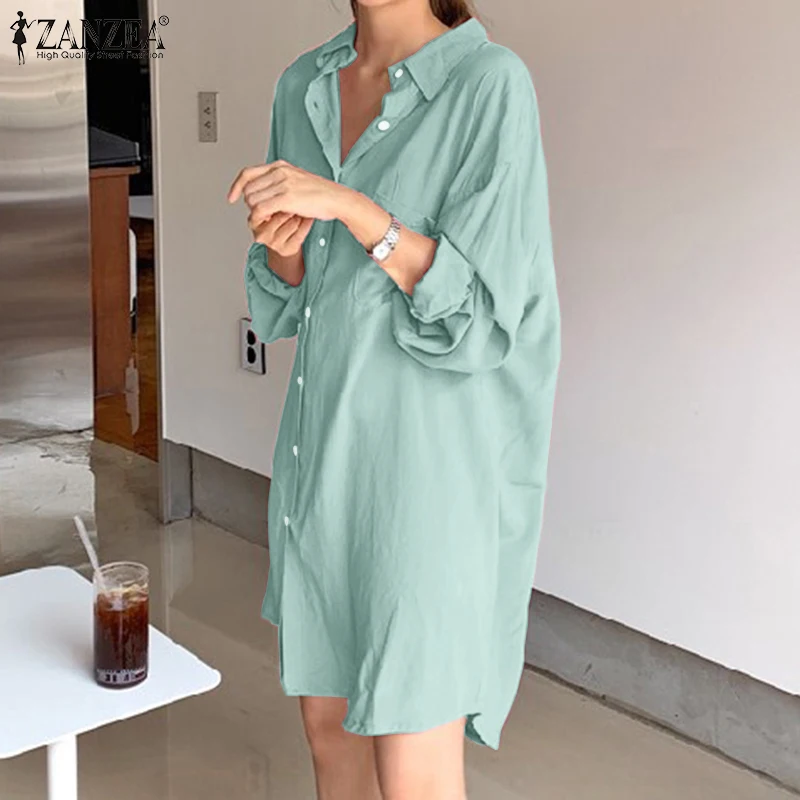 Kobiety koszulka Solid sukienka ZANZEA stylowy wiosna sukienki na co dzień z długim rękawem Mini Vestidos kobieta klapy na guziki szata