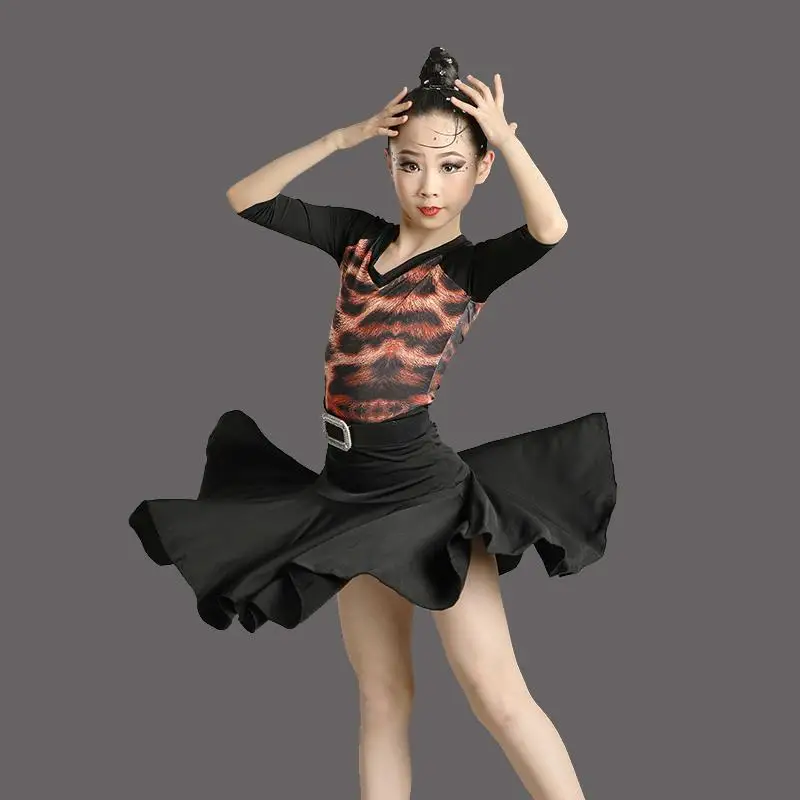 

Black Leopard Girls Latin Dress Fishtail Skirt Costume Salsa Tango Rumba Ballroom Dance Dress Cute Set Latin Dancewear For Kids