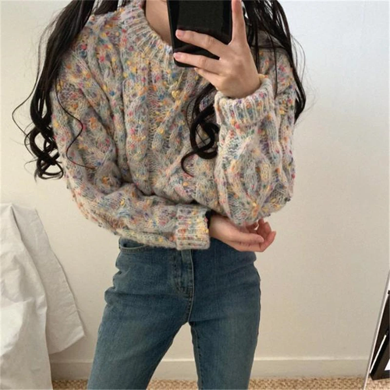 Casual Korean O Neck Sweater Women Print Vintage Sweet Sweater Loose Long Sleeve Chic Streetwear Autumn Sweater Women\'s Clothing