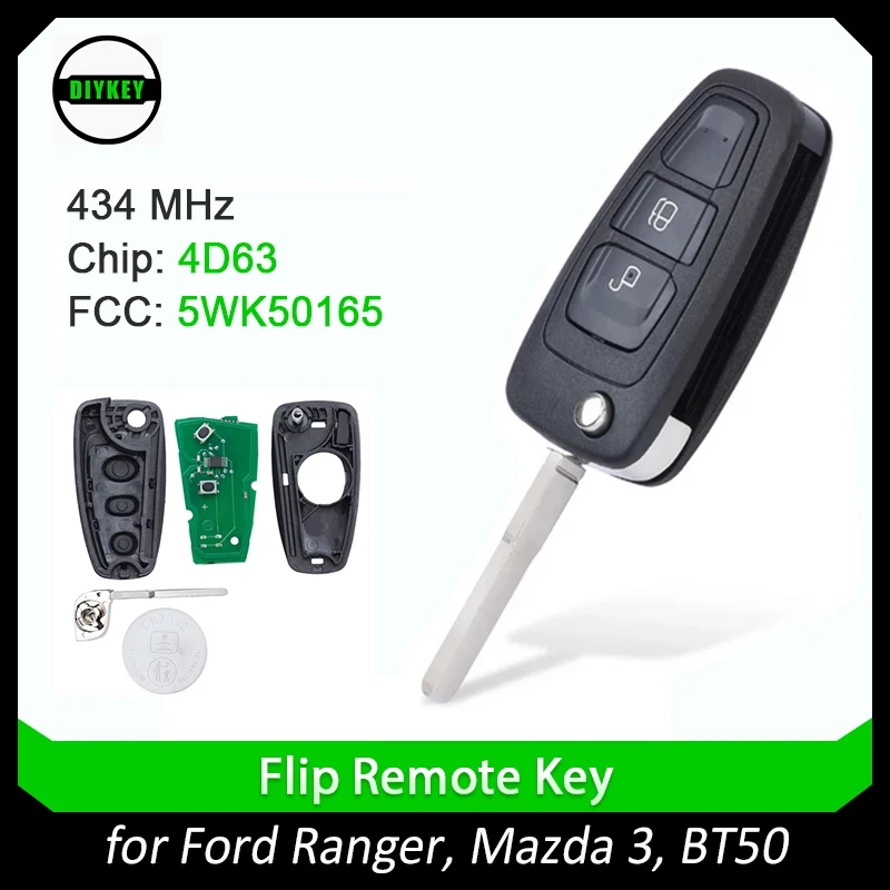 DIYKEY Replacement Flip Remote Key 434MHz FSK 4D63 chip for Ford Ranger 2011-2015,for Mazda 3 2008-2012 BT50 2011-2015 5WK50165