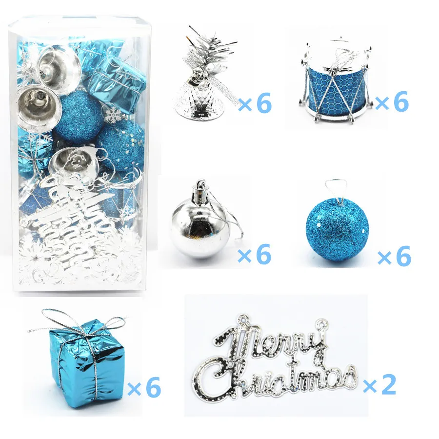 32pcs Christmas Decoration Bell color Ball  Merry Christmas  Letter Small Drum Gift Christmas Tree Small Pendant Set Gold Blue