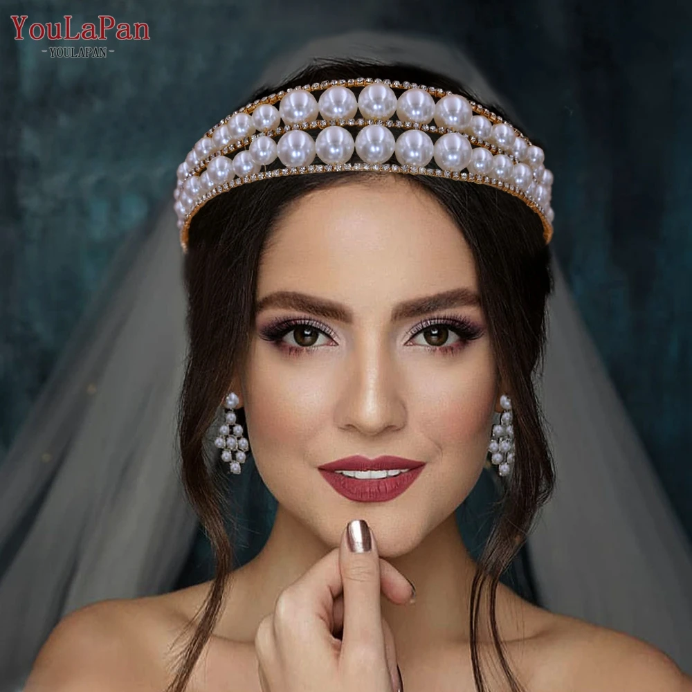 TOPQUEEN Luxury Wedding Crown Pearls Head Hoop Girls Hairband Hair Accessories Women Bride Headpiece Tiaras Women Headwear HP400