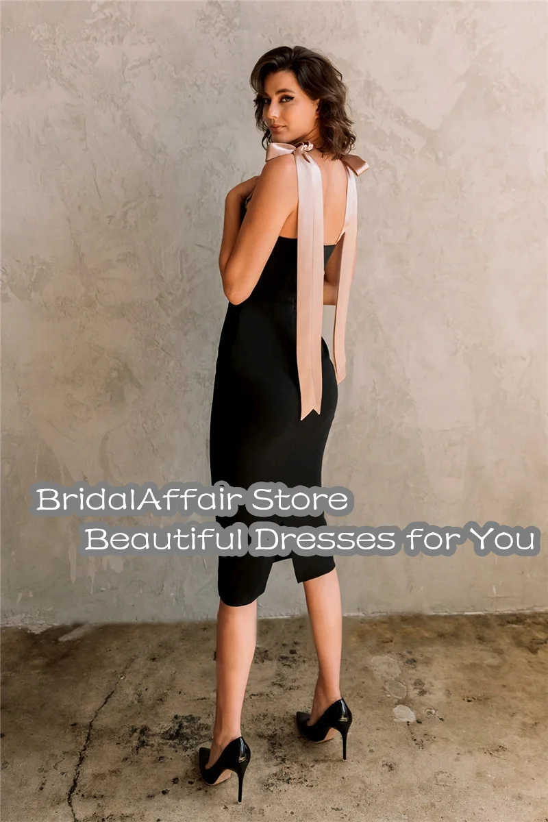 Bridalaffair Zwart Stretch Satijn Tra Lengte Prom Jurken Met Lint Bandjes Sweetheart Schede Korte Cocktail Jurk Simple Toga