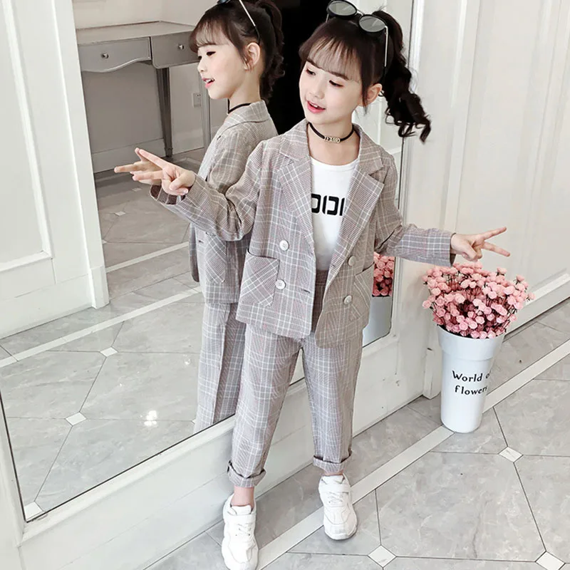 Blazers Suit for Girls Autumn Plaid Jackets Pants Pleated Skirt Two Pieces School Uniform Children Clothes Formal Wear 10 12 Y