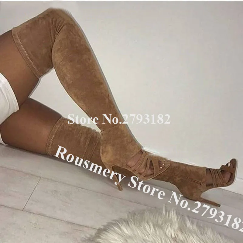 Women Sexy Open Toe Stiletto Heel Over Knee Slim Gladiator Boots Cut-out Bandage Long High Heels Boots Club Dress Shoes