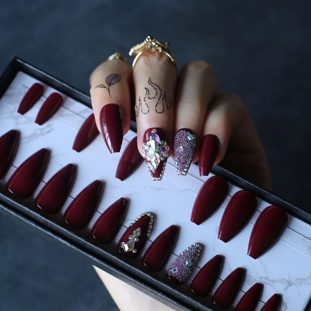 Medium Coffin Gel Burgundy Fake nails Coffin Vampire color Short Ballet Advanced crystal design finish product Custom logo box