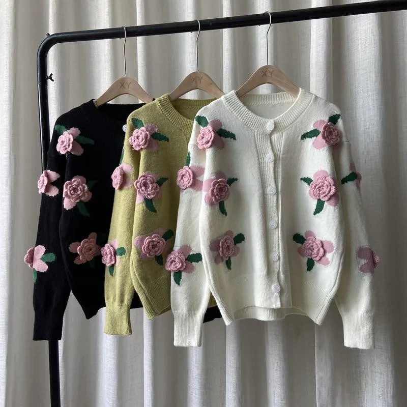 Sweet Harajuku 3d Flowers Cardigans For Women Spring Autumn Long Sleeve O Neck Vintage Sweater Ladies Knitted Outwear Top