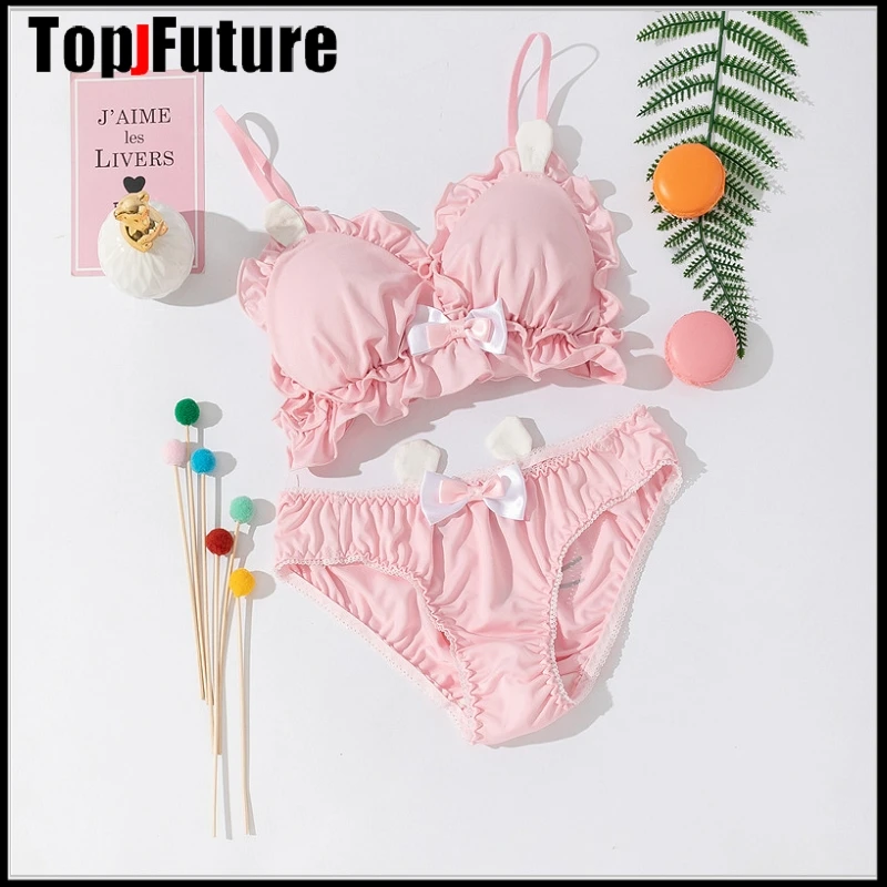 PINK WHITE BUNNY CAT  girl lotus leaf mesh comfortable thin star series sweet bra no steel ring sexy back underwear bra set