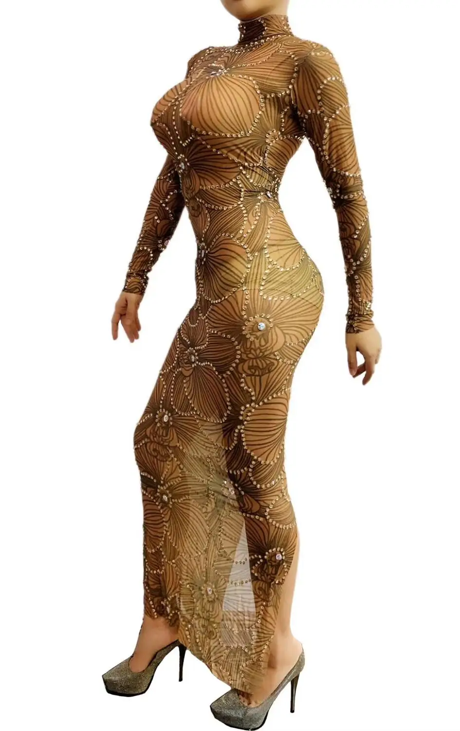 New Women Stage Outfits Shiny Rhinestone Printing Mesh Perspective Singer Crystal Sexy Evening Party Celebration Prom Club Dress