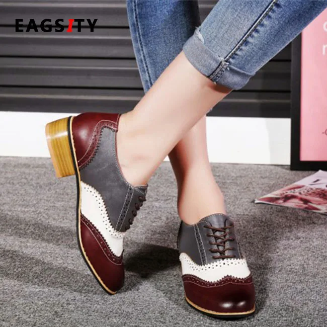 Retro brown Leather shoes for women oxford shoes block Heel derby shoes outdoor leisure walking sneaker footwear