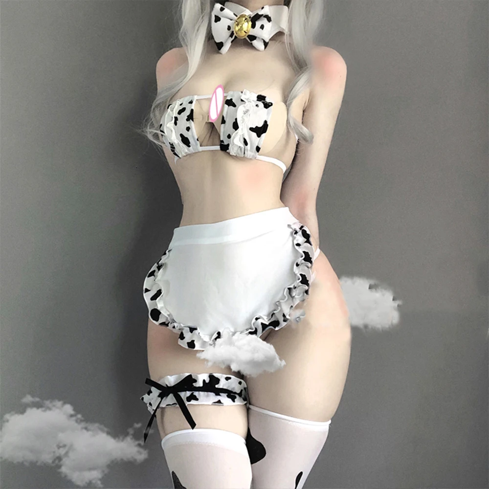 Cos krowa kostium pokojówka sukienka Cosplay Tankini Bikini strój kąpielowy Anime dziewczyny stroje kąpielowe odzież Lolita biustonosz i rajstopy zestaw pończochy