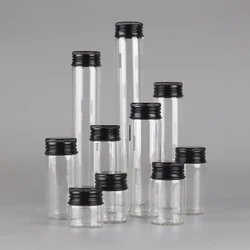 12 pièces/lot 10ml 15ml 20ml 25ml 30ml 40ml 50ml 60ml 80ml 100ml bouteilles en verre avec bouchons en aluminium noir Potion pots à épices Vails