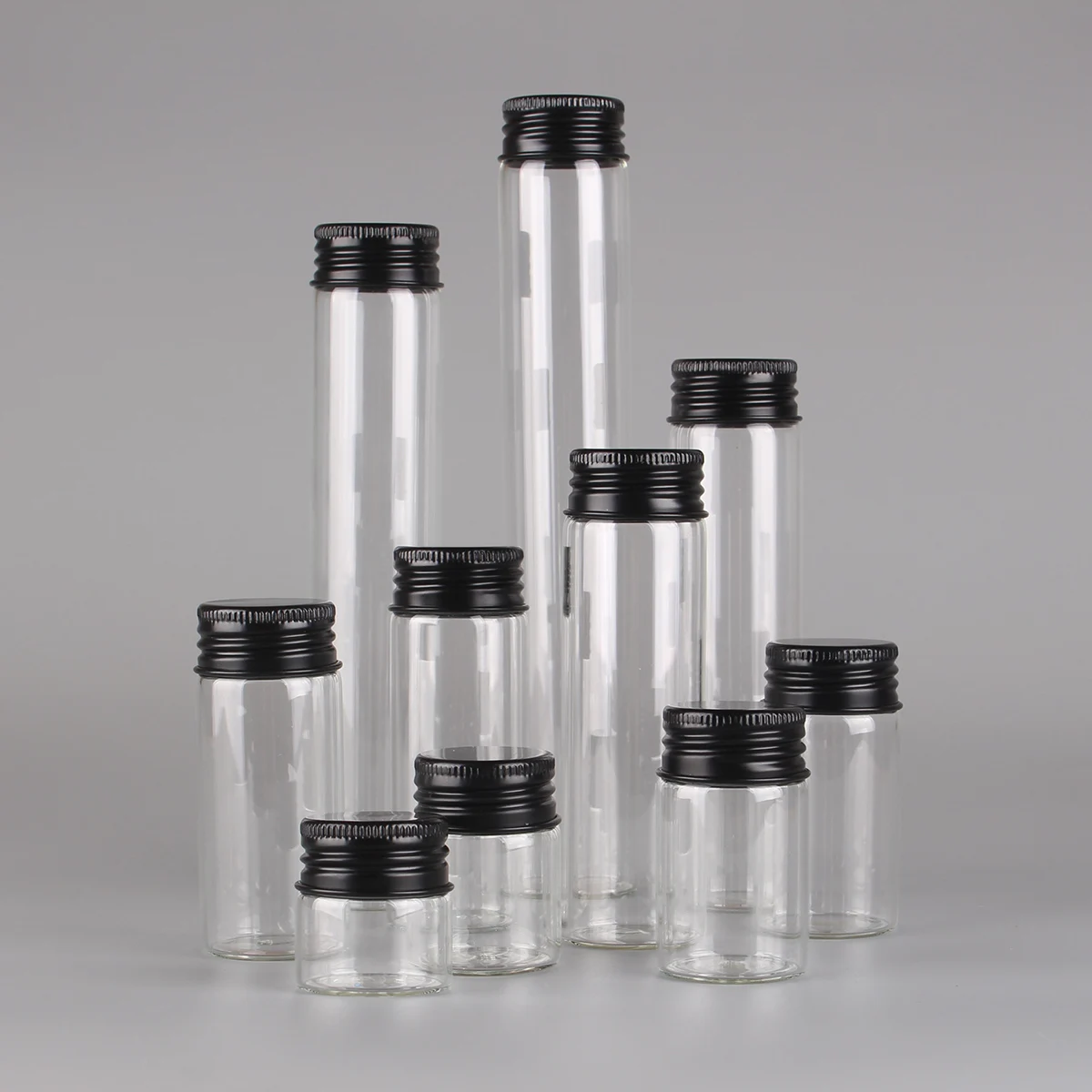 12 sztuk/partia 10ml 15ml 20ml 25ml 30ml 40ml 50ml 60ml 80ml 100ml Szklane Butelki z Czarnymi Aluminiowymi Zakrętkami Słoiki na Zioła i Przyprawy
