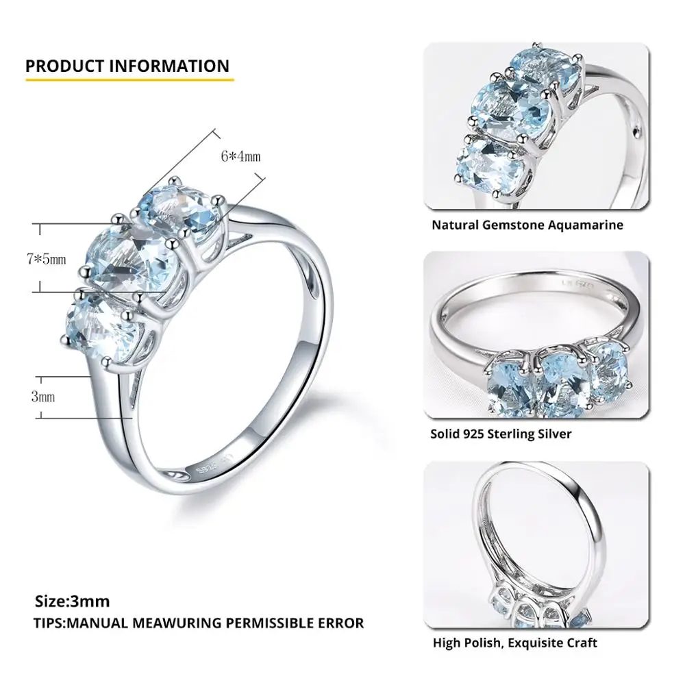 Natural Aquamarine 1.59 Carat Wedding Ring Solid 925 Sterling Silver Blue Gemstone Rings Fine Elegant Jewelry for Women Gifts