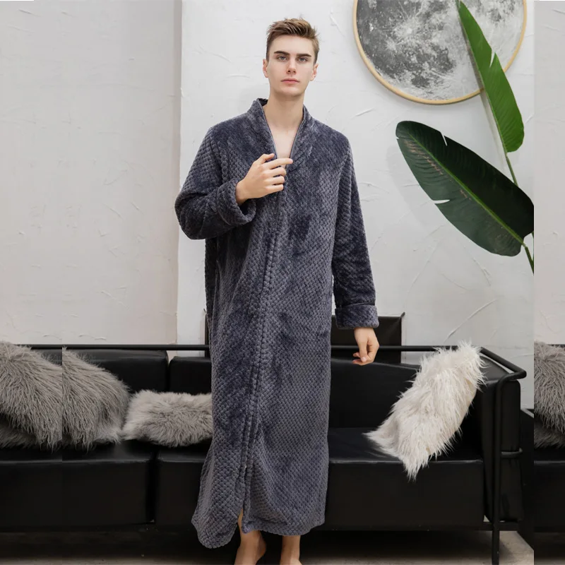 Autumn Winter Zipper Shellfish Velvet Bathrobe Plus Size Nightgown Men Women Thick Sleepwear Warm Flannel Extra Long Bath Robe